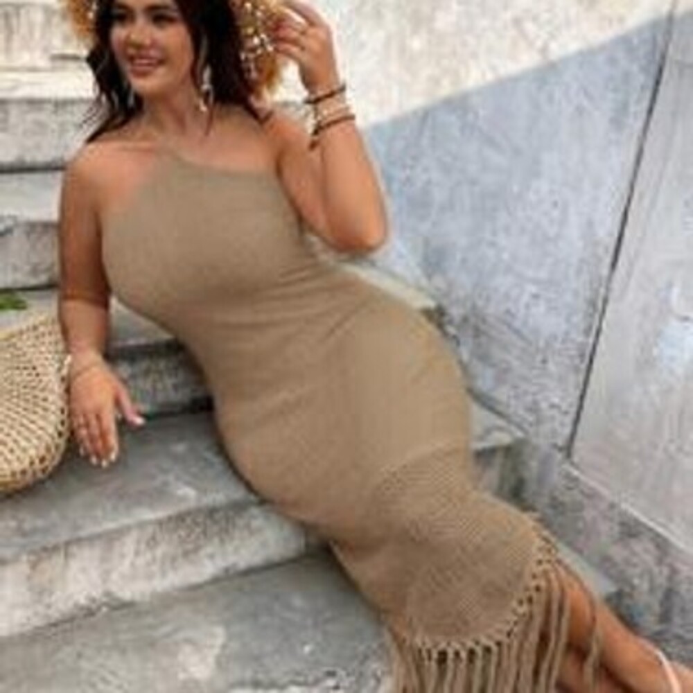SHEIN VCAY Plus Size Tassel Neck Tie Fitted Vacation Dress